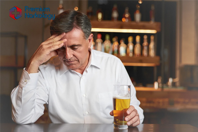 Мужчина со стаканом алкоголя сидит за столом